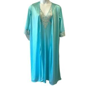 Jill Andrea of New York Nightgown & Peignor Set Large Turquoise Blue Satin Lace